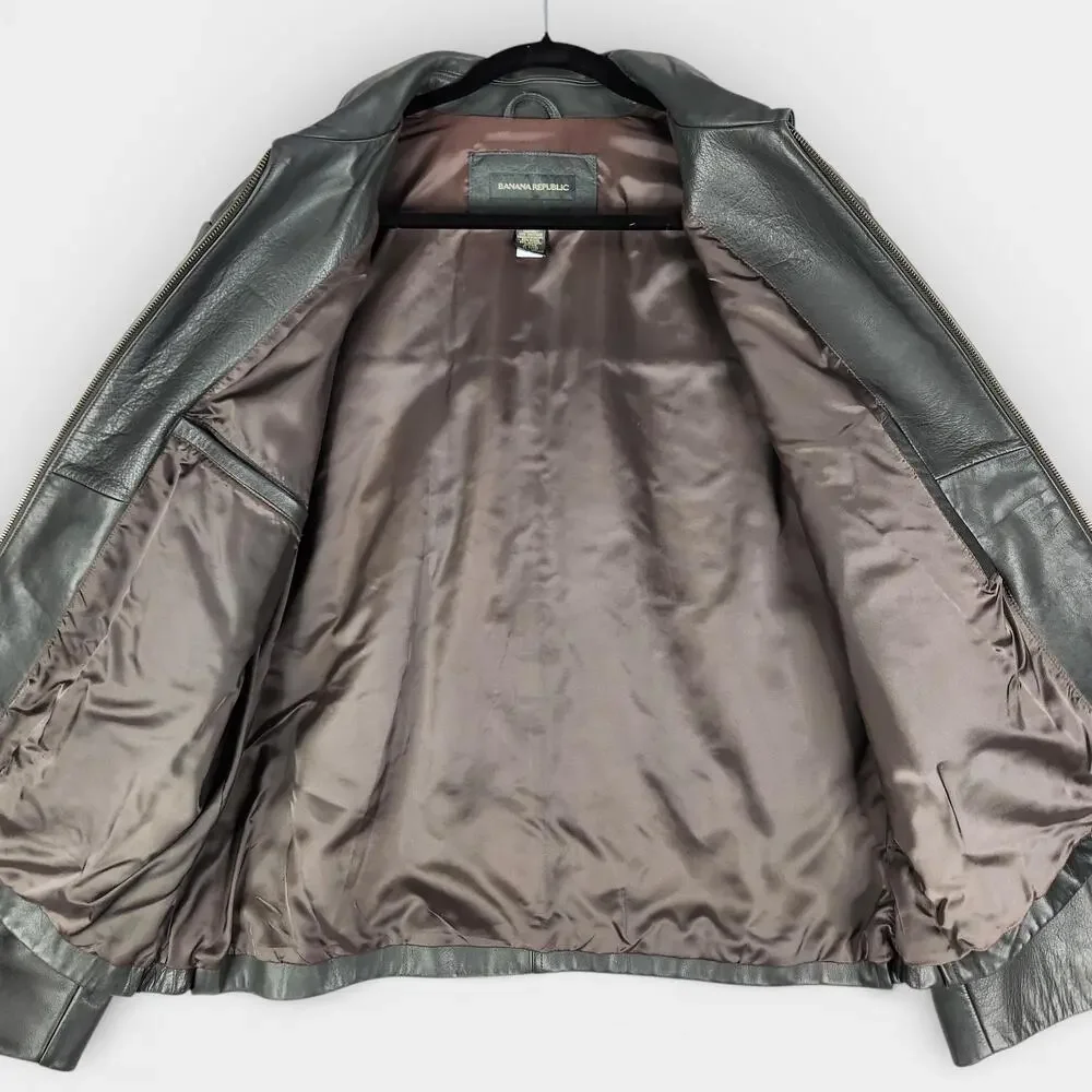 Y2K Banana Republic Leather Bomber Jacket Mens Large Gray Biker Zip Vents Lined